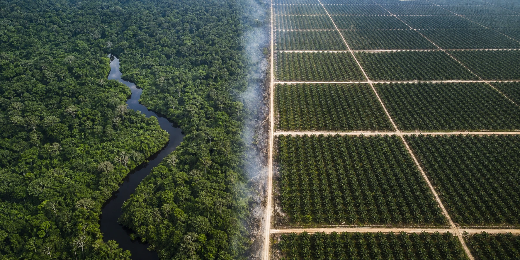Before and after aerial view of Borneo rainforest and the same land after clear-cutting